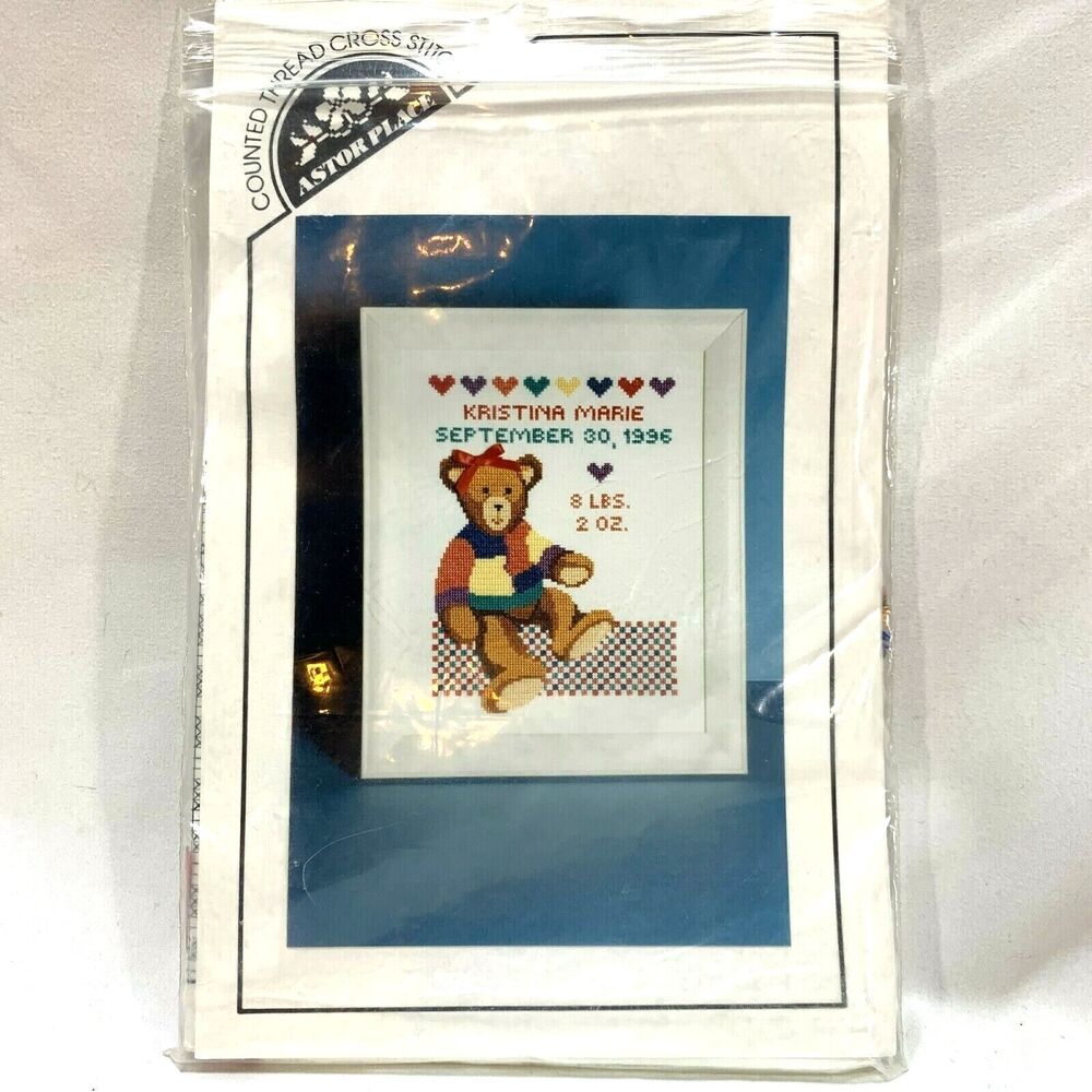 Counted Cross Stitch Kit Baby Birth Record Teddy Bear Astor Place